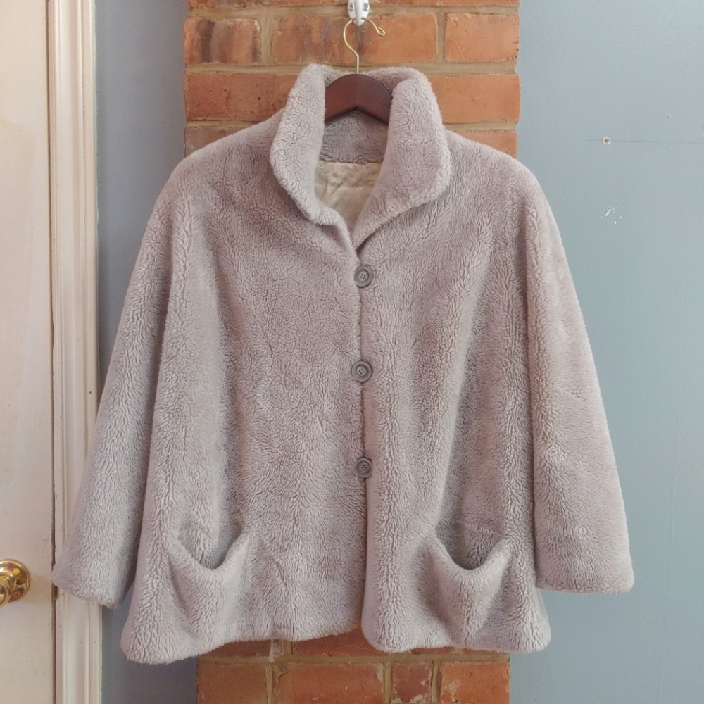 Vintage Borgana Faux Fur Short Teddy Coat In Light Grey, Women's Size Large